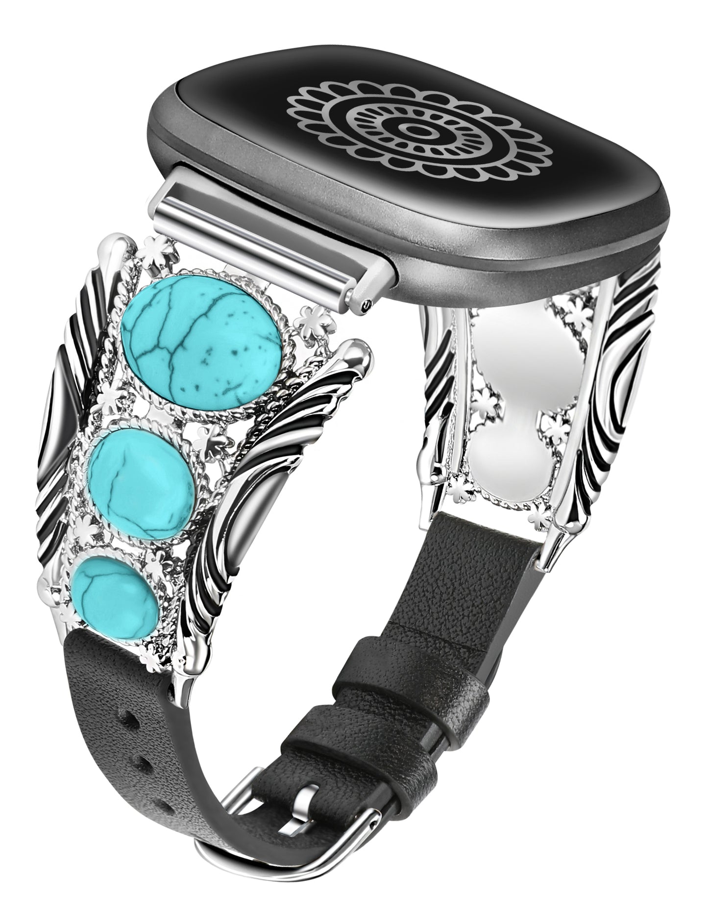 Minyee Leather Band Compatible with Fitbit Versa 4/Versa 3/Sense 2/Sense Band, Turquoise Watch Bands for Women, Vintage Bohemian Ethnic Antique Jewelry Style Strap for Versa 4