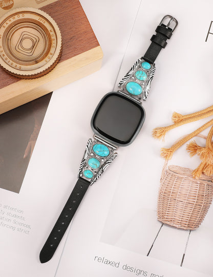 Minyee Leather Band Compatible with Fitbit Versa 4/Versa 3/Sense 2/Sense Band, Turquoise Watch Bands for Women, Vintage Bohemian Ethnic Antique Jewelry Style Strap for Versa 4