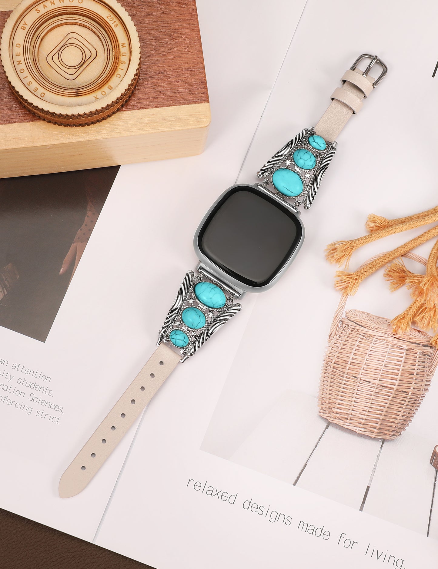 Minyee Leather Band Compatible with Fitbit Versa 4/Versa 3/Sense 2/Sense Band, Turquoise Watch Bands for Women, Vintage Bohemian Ethnic Antique Jewelry Style Strap for Versa 4