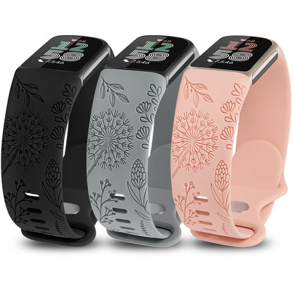 Minyee 3 Packs Floral Engraved Band Compatible with Fitbit Charge 6 Bands/Fitbit Charge 5 Bands Women, Cute Soft Silicone Dandelion Flower Pattern Sport Designer Fancy Summer Strap for Charge 6/5