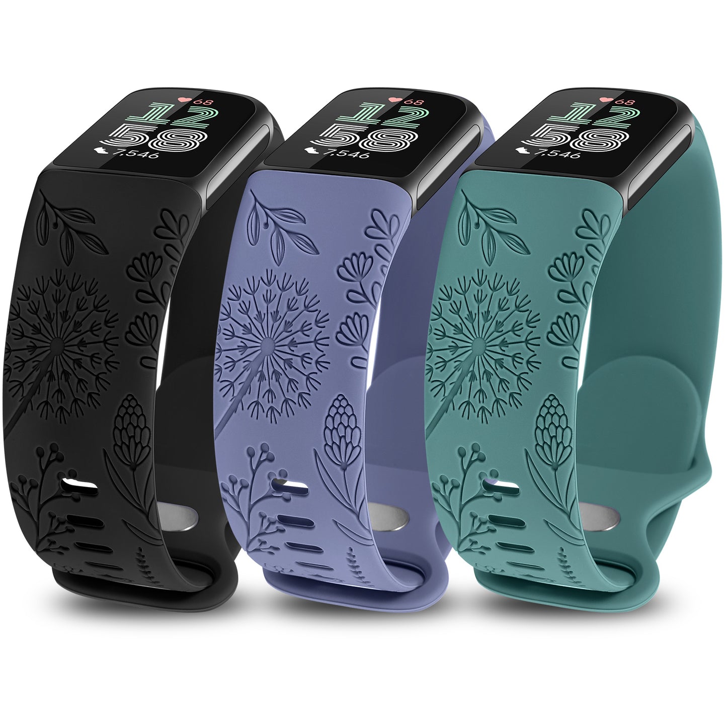 Minyee 3 Packs Floral Engraved Band Compatible with Fitbit Charge 6 Bands/Fitbit Charge 5 Bands Women, Cute Soft Silicone Dandelion Flower Pattern Sport Designer Fancy Summer Strap for Charge 6/5