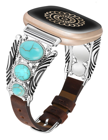 Minyee Leather Band Compatible with Fitbit Versa 4/Versa 3/Sense 2/Sense Band, Turquoise Watch Bands for Women, Vintage Bohemian Ethnic Antique Jewelry Style Strap for Versa 4