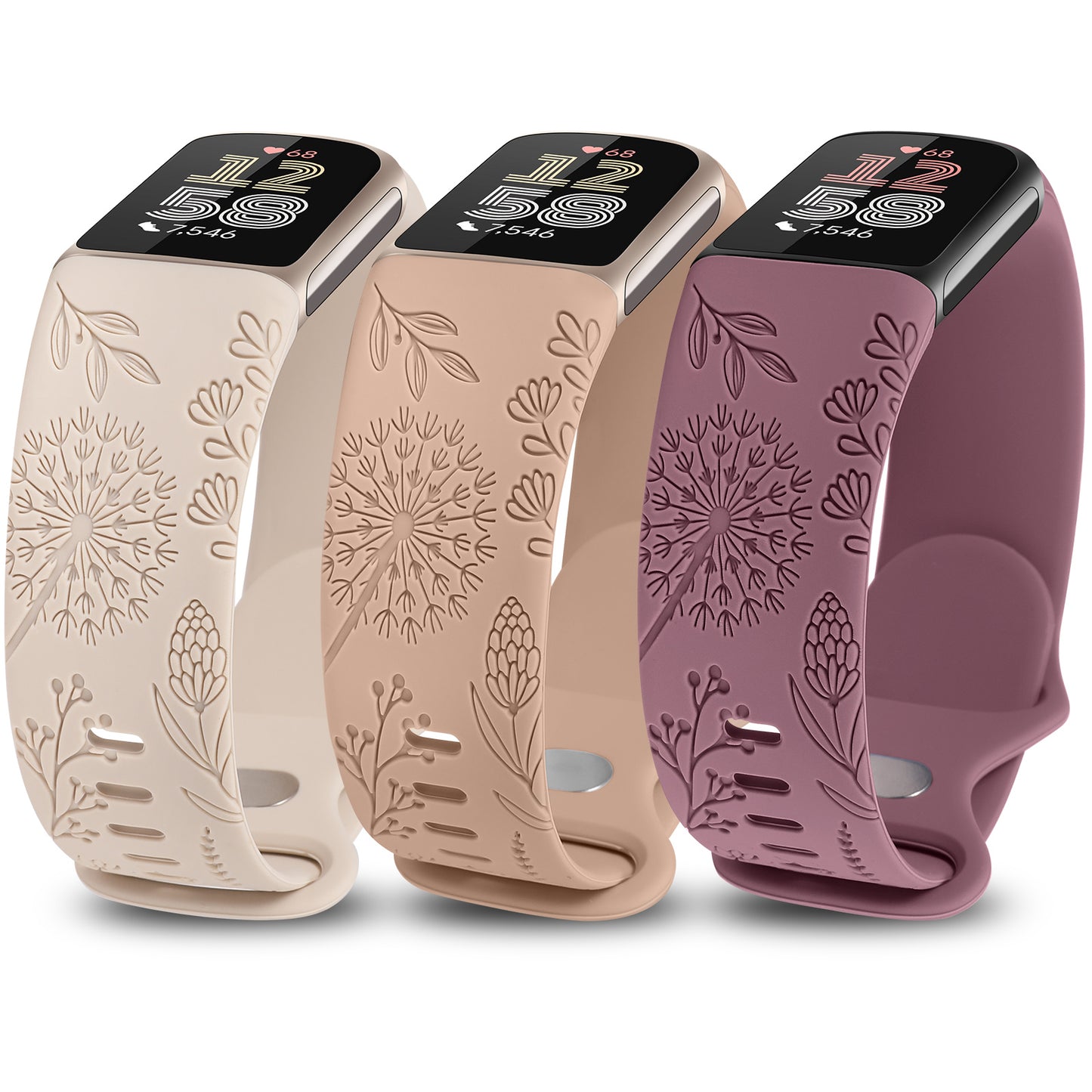 Minyee 3 Packs Floral Engraved Band Compatible with Fitbit Charge 6 Bands/Fitbit Charge 5 Bands Women, Cute Soft Silicone Dandelion Flower Pattern Sport Designer Fancy Summer Strap for Charge 6/5