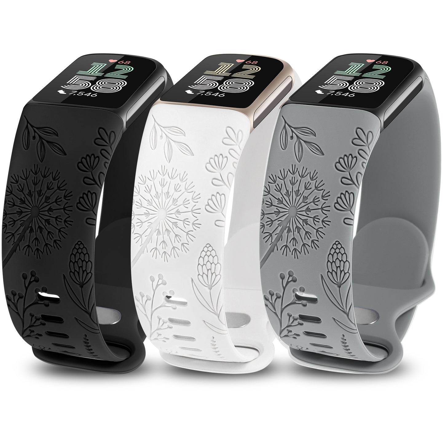 Minyee 3 Packs Floral Engraved Band Compatible with Fitbit Charge 6 Bands/Fitbit Charge 5 Bands Women, Cute Soft Silicone Dandelion Flower Pattern Sport Designer Fancy Summer Strap for Charge 6/5