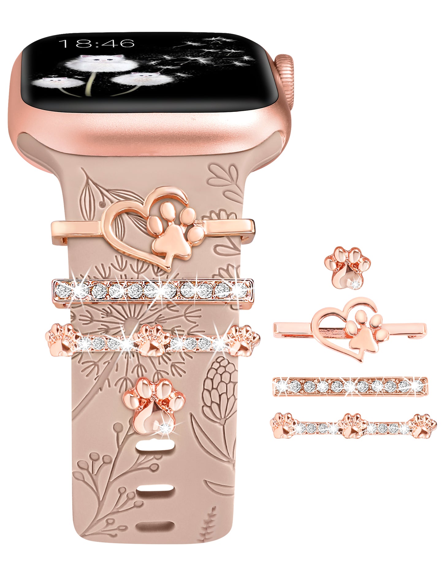 Minyee Compatible with Apple Watch Band with Charms Women 41mm 40mm 38mm 42mm 44mm 45mm 49mm Decorative Ring Loops Floral Engraved Silicone Strap for iWatch Ultra 2,Series 9/8/7/6/5/4/3/2/1/SE(with Band)