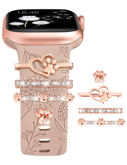 Minyee Compatible with Apple Watch Band with Charms Women 41mm 40mm 38mm 42mm 44mm 45mm 49mm Decorative Ring Loops Floral Engraved Silicone Strap for iWatch Ultra 2,Series 9/8/7/6/5/4/3/2/1/SE(with Band)