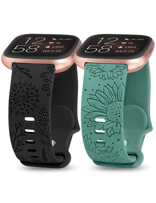 Minyee 2 Packs Floral Engraved Band Compatible with Fitbit Versa 2/Fitbit Versa/Versa Lite Bands Women, Cute Soft Silicone Sunflower Dandelion Sport Designer Fancy Summer Strap for Versa 2 Smart Watch