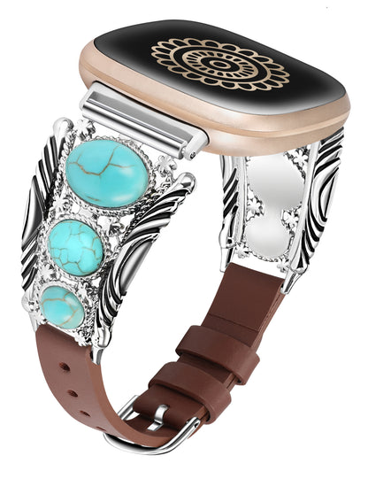 Minyee Leather Band Compatible with Fitbit Versa 4/Versa 3/Sense 2/Sense Band, Turquoise Watch Bands for Women, Vintage Bohemian Ethnic Antique Jewelry Style Strap for Versa 4