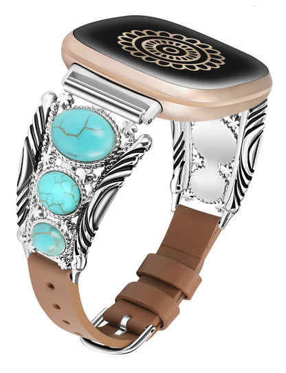 Minyee Leather Band Compatible with Fitbit Versa 4/Versa 3/Sense 2/Sense Band, Turquoise Watch Bands for Women, Vintage Bohemian Ethnic Antique Jewelry Style Strap for Versa 4