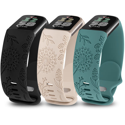 Minyee 3 Packs Floral Engraved Band Compatible with Fitbit Charge 6 Bands/Fitbit Charge 5 Bands Women, Cute Soft Silicone Dandelion Flower Pattern Sport Designer Fancy Summer Strap for Charge 6/5