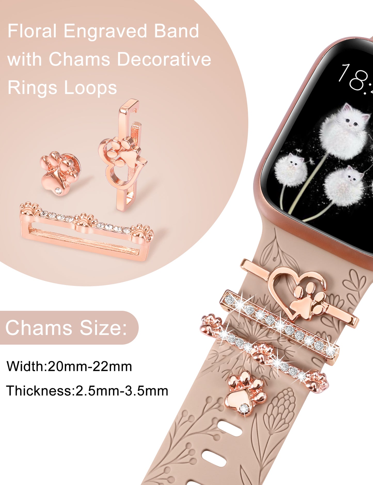 Minyee Compatible with Apple Watch Band with Charms Women 41mm 40mm 38mm 42mm 44mm 45mm 49mm Decorative Ring Loops Floral Engraved Silicone Strap for iWatch Ultra 2,Series 9/8/7/6/5/4/3/2/1/SE(with Band)