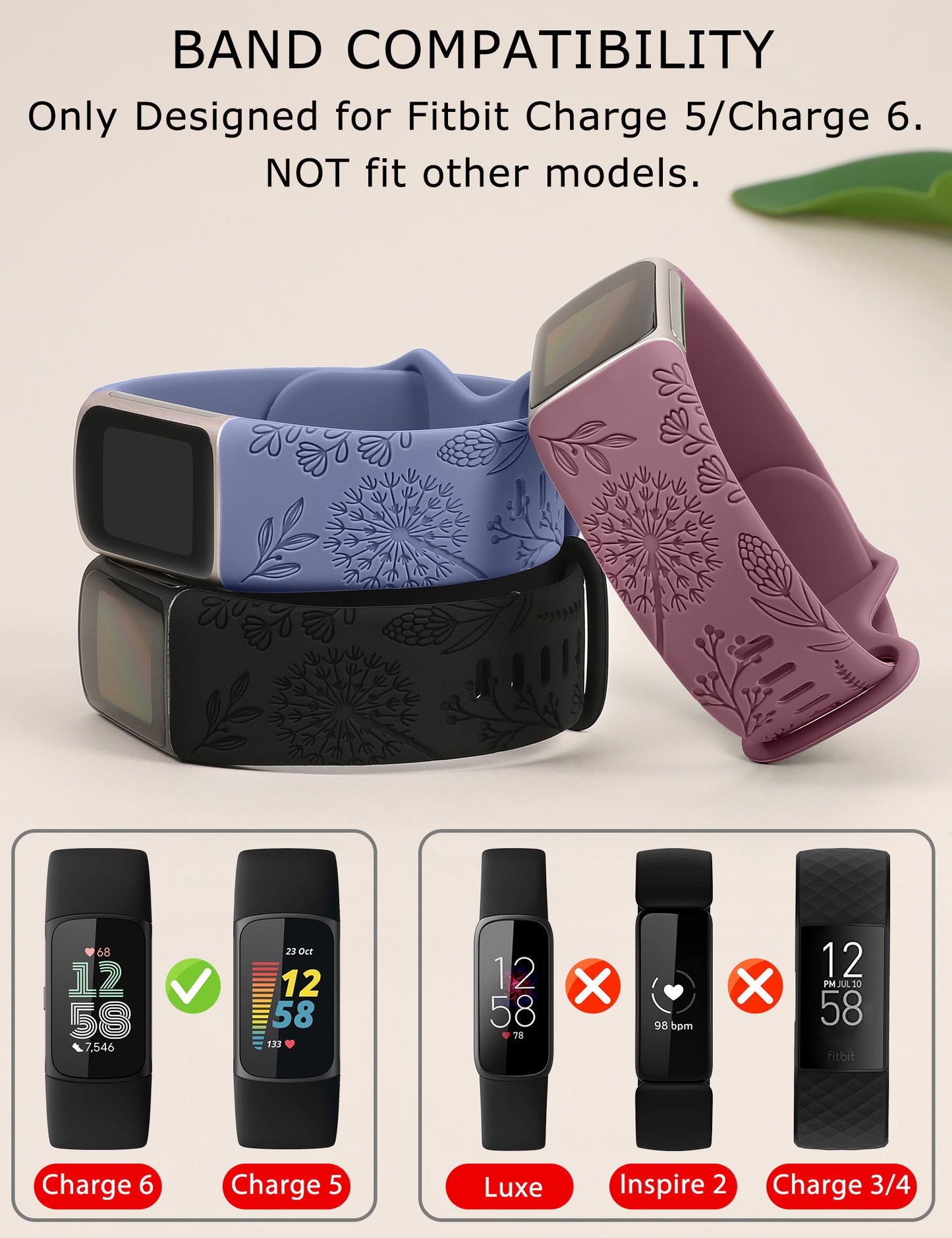 Minyee 3 Packs Floral Engraved Band Compatible with Fitbit Charge 6 Bands/Fitbit Charge 5 Bands Women, Cute Soft Silicone Dandelion Flower Pattern Sport Designer Fancy Summer Strap for Charge 6/5