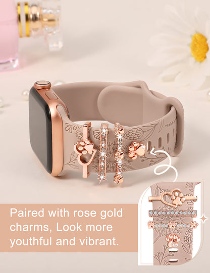 Minyee Compatible with Apple Watch Band with Charms Women 41mm 40mm 38mm 42mm 44mm 45mm 49mm Decorative Ring Loops Floral Engraved Silicone Strap for iWatch Ultra 2,Series 9/8/7/6/5/4/3/2/1/SE(with Band)