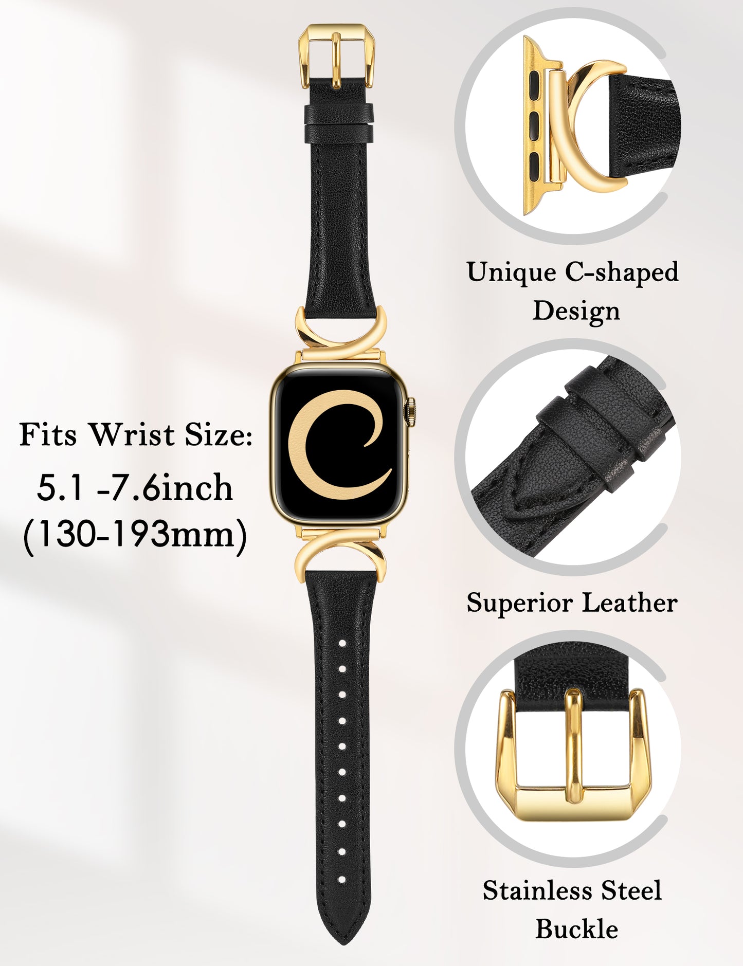 Minyee Leather Band Compatible with Apple Watch Bands 41mm 40mm 38mm 44mm 45mm 42mm 49mm Women, Slim Thin Dressy Designer Strap with C-Shape Metal Buckle for iWatch Ultra 2, Series 9/8/7/6/5/4/3/2/1/SE