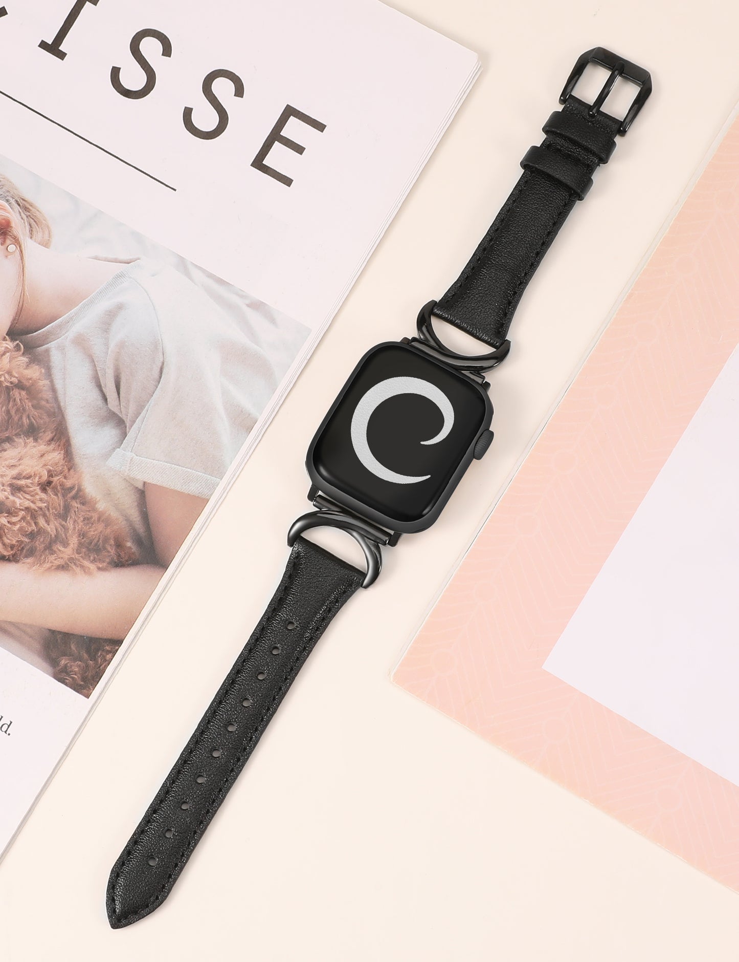 Minyee Leather Band Compatible with Apple Watch Bands 41mm 40mm 38mm 44mm 45mm 42mm 49mm Women, Slim Thin Dressy Designer Strap with C-Shape Metal Buckle for iWatch Ultra 2, Series 9/8/7/6/5/4/3/2/1/SE