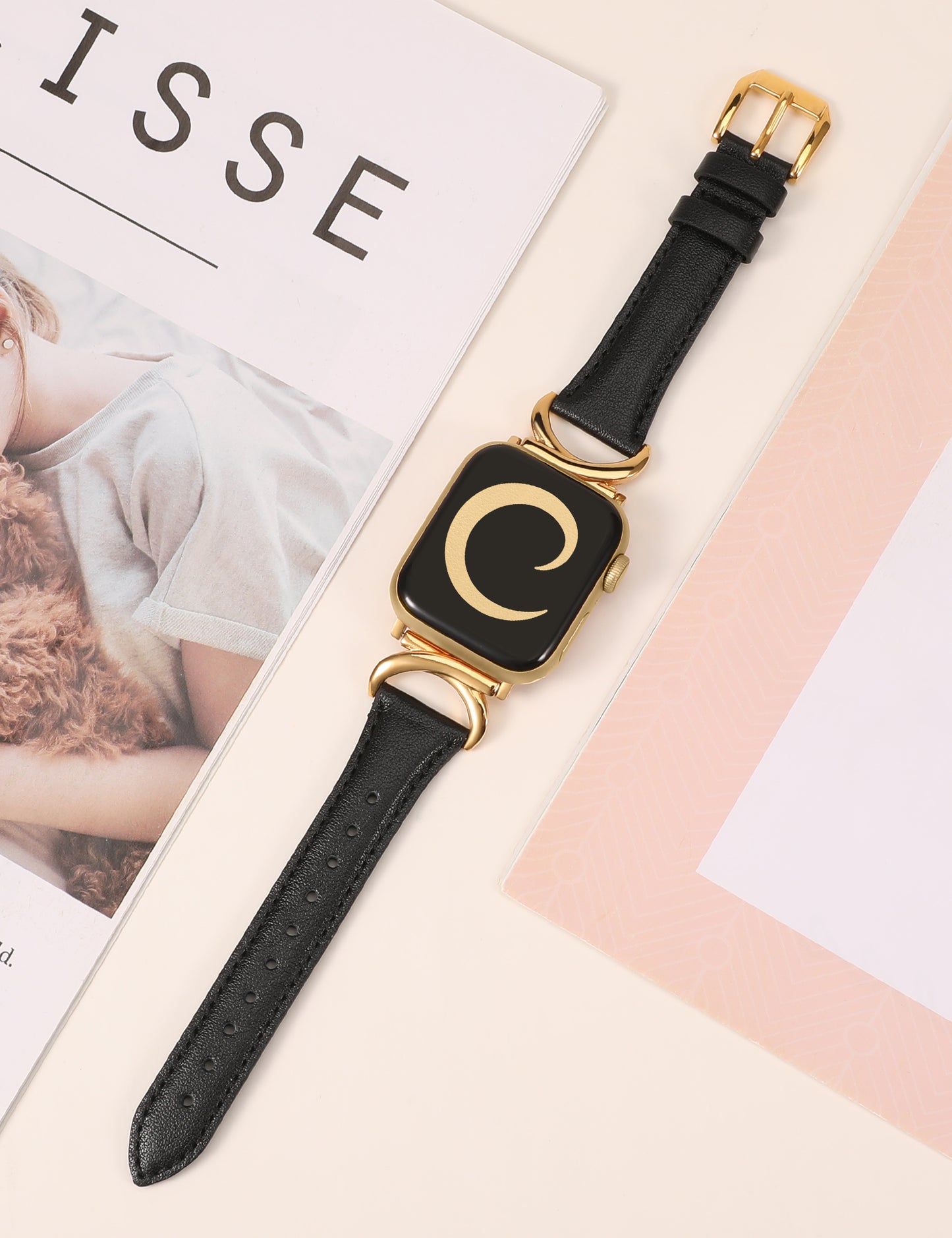 Minyee Leather Band Compatible with Apple Watch Bands 41mm 40mm 38mm 44mm 45mm 42mm 49mm Women, Slim Thin Dressy Designer Strap with C-Shape Metal Buckle for iWatch Ultra 2, Series 9/8/7/6/5/4/3/2/1/SE