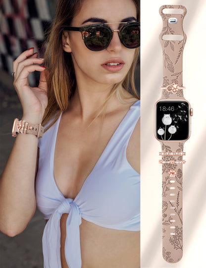 Minyee Compatible with Apple Watch Band with Charms Women 41mm 40mm 38mm 42mm 44mm 45mm 49mm Decorative Ring Loops Floral Engraved Silicone Strap for iWatch Ultra 2,Series 9/8/7/6/5/4/3/2/1/SE(with Band)