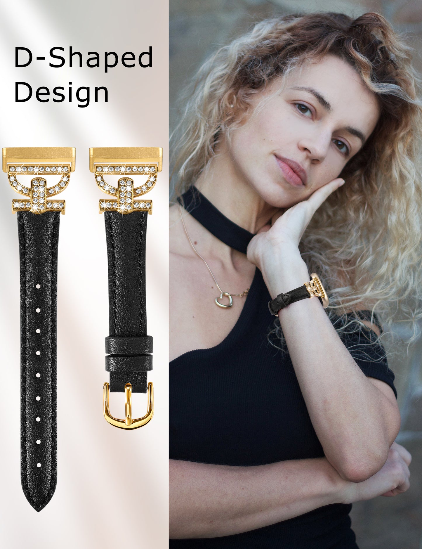 Minyee Leather Bands Compatible with Fitbit Versa 4/Versa 3/Sense 2/Sense Band for Women, Dressy Bling Slim Leather Strap with D-shaped Diamonds Metal Buckle for Versa 4