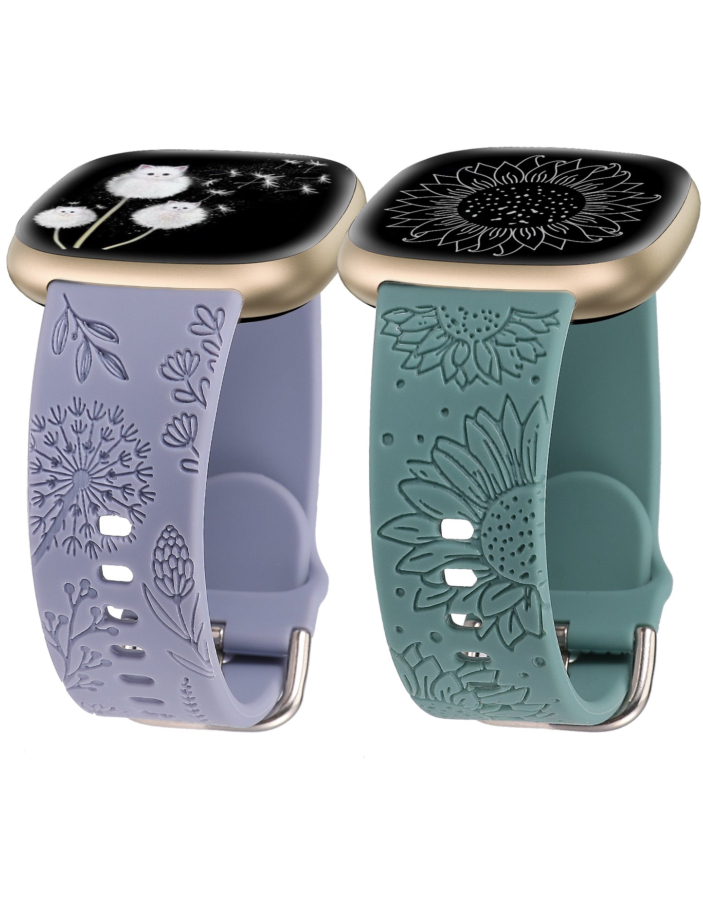 Minyee 2 Packs Floral Engraved Band Compatible with Fitbit Versa 4/Versa 3/Sense 2/Sense Band Women, Cute Silicone Dandelion Sunflower Design Soft Sport Fancy Summer Strap for Versa 4