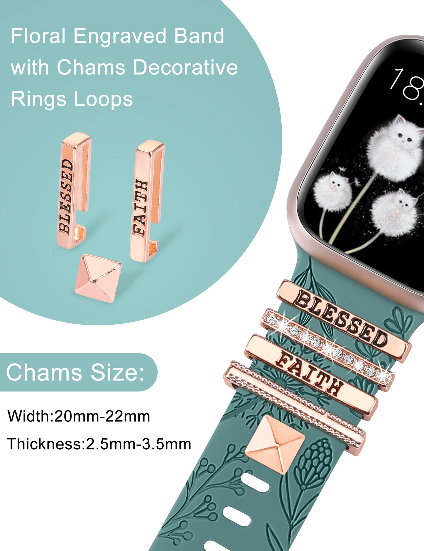 Minyee Compatible with Apple Watch Band with Charms Women 41mm 40mm 38mm 42mm 44mm 45mm 49mm Decorative Ring Loops Floral Engraved Silicone Strap for iWatch Ultra 2,Series 9/8/7/6/5/4/3/2/1/SE(with Band)