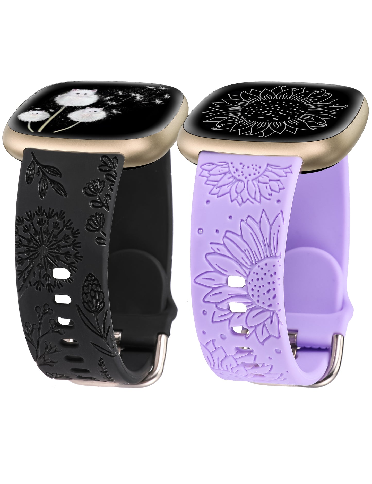 Minyee 2 Packs Floral Engraved Band Compatible with Fitbit Versa 4/Versa 3/Sense 2/Sense Band Women, Cute Silicone Dandelion Sunflower Design Soft Sport Fancy Summer Strap for Versa 4