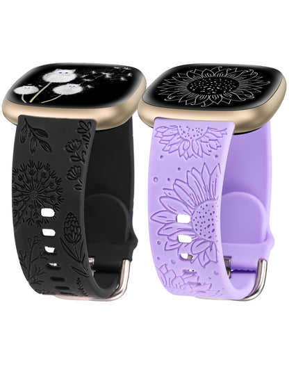 Minyee 2 Packs Floral Engraved Band Compatible with Fitbit Versa 4/Versa 3/Sense 2/Sense Band Women, Cute Silicone Dandelion Sunflower Design Soft Sport Fancy Summer Strap for Versa 4