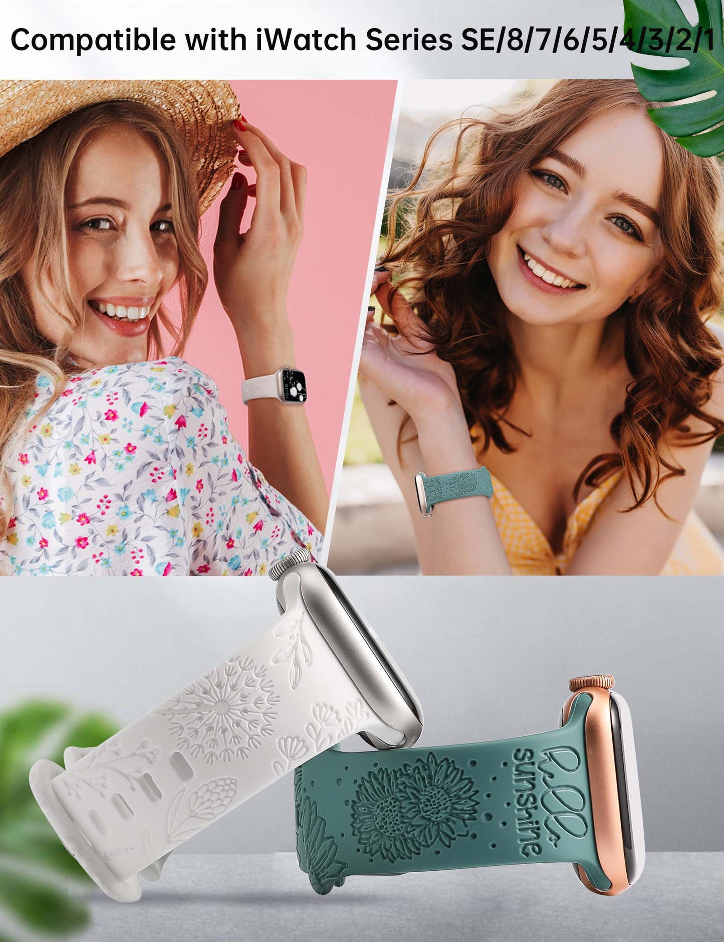 Minyee 2 Packs Floral Engraved Band Compatible with Apple Watch Bands 41mm 40mm 38mm 44mm 45mm 42mm 49mm Women, Cute Silicone Sunflower Fancy Summer Strap for iWatch Ultra 2, Series 9/8/7/6/5/4/3/2/1/SE