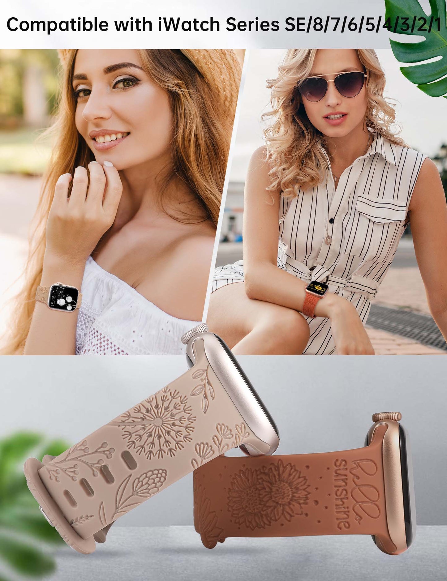 Minyee 2 Packs Floral Engraved Band Compatible with Apple Watch Bands 41mm 40mm 38mm 44mm 45mm 42mm 49mm Women, Cute Silicone Sunflower Fancy Summer Strap for iWatch Ultra 2, Series 9/8/7/6/5/4/3/2/1/SE