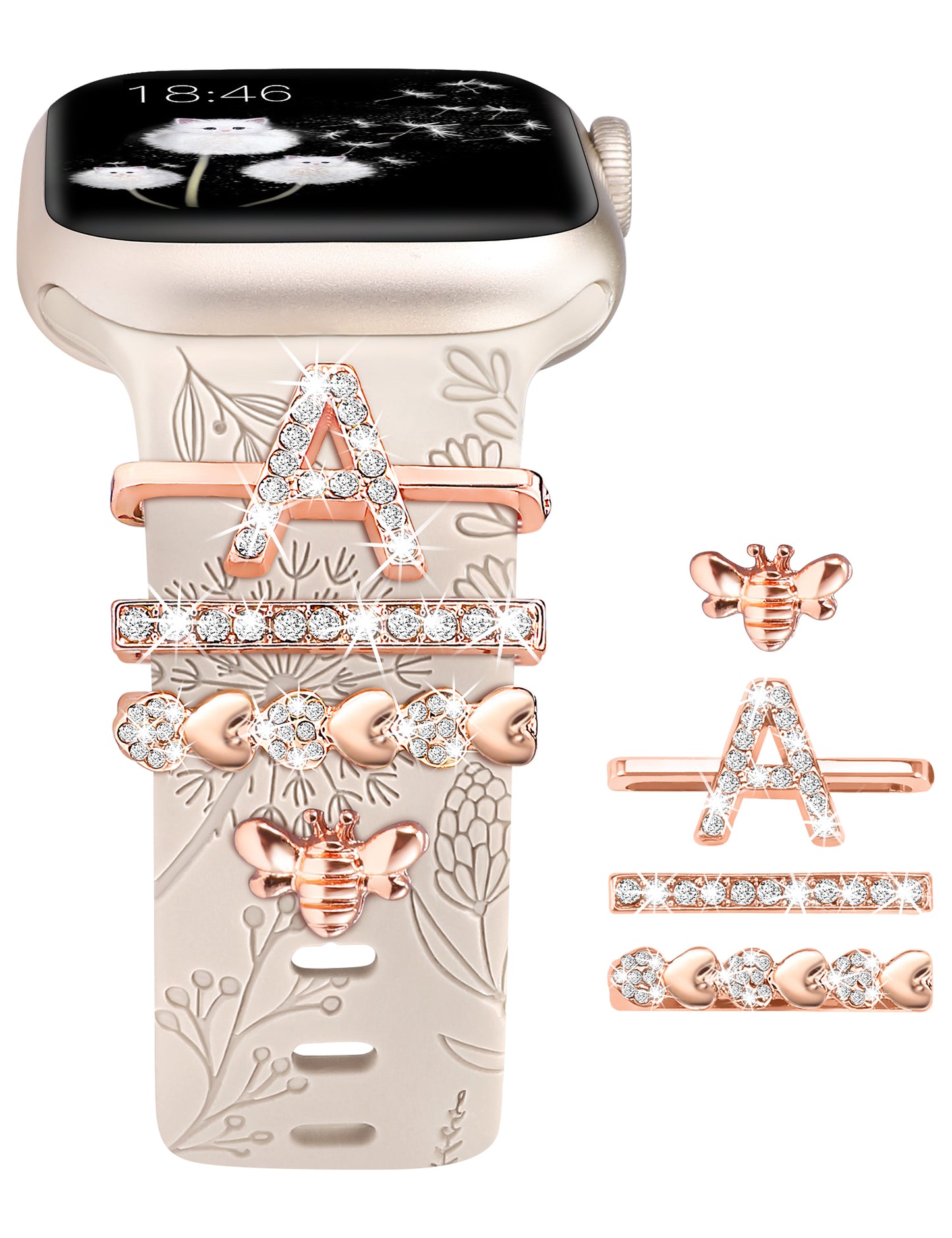 Minyee Compatible with Apple Watch Band with Charms Women 41mm 40mm 38mm 42mm 44mm 45mm 49mm Decorative Ring Loops Floral Engraved Silicone Strap for iWatch Ultra 2,Series 9/8/7/6/5/4/3/2/1/SE(with Band)