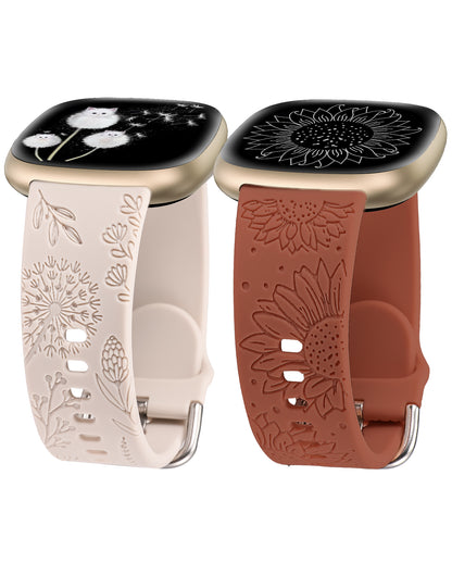 Minyee 2 Packs Floral Engraved Band Compatible with Fitbit Versa 4/Versa 3/Sense 2/Sense Band Women, Cute Silicone Dandelion Sunflower Design Soft Sport Fancy Summer Strap for Versa 4