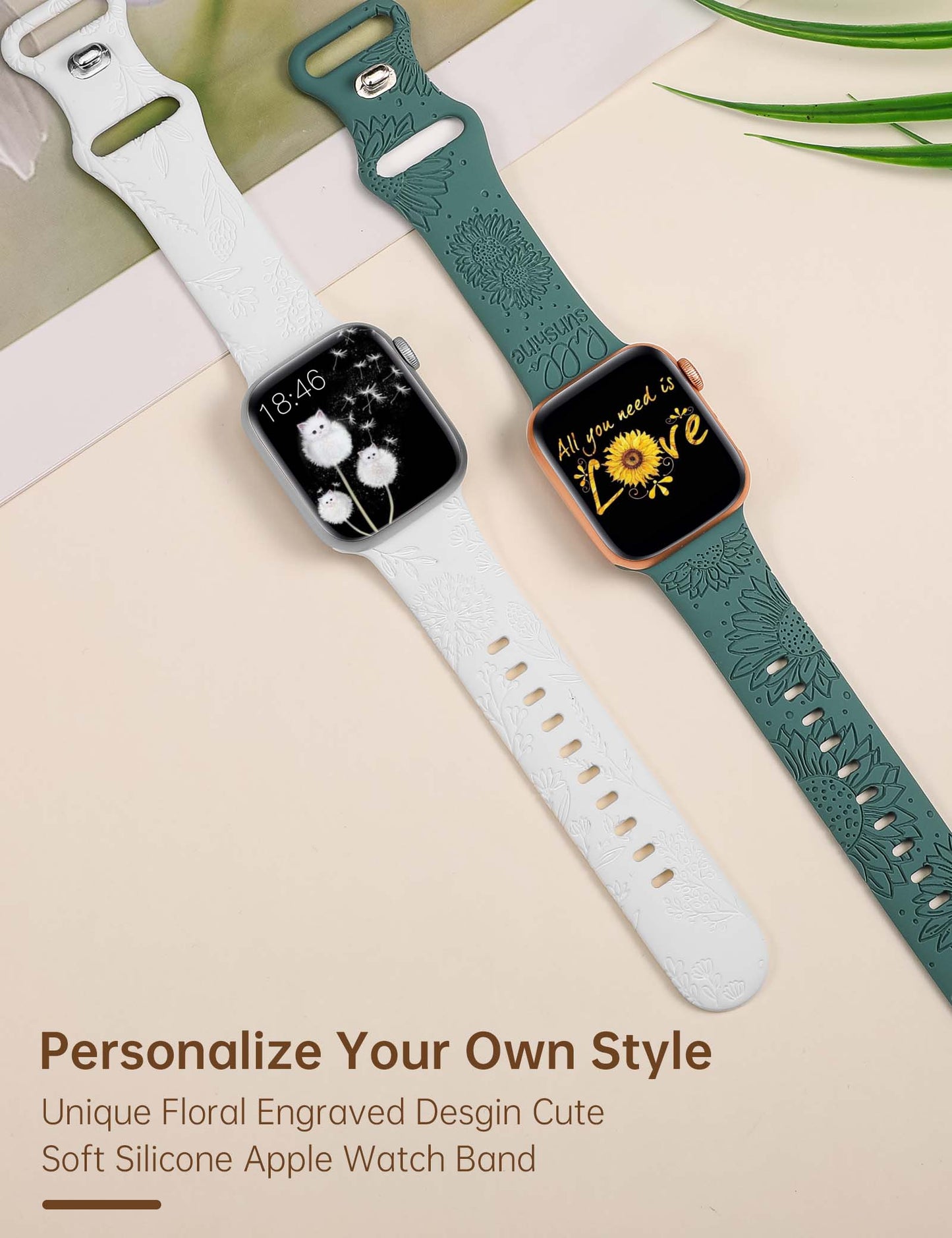 Minyee 2 Packs Floral Engraved Band Compatible with Apple Watch Bands 41mm 40mm 38mm 44mm 45mm 42mm 49mm Women, Cute Silicone Sunflower Fancy Summer Strap for iWatch Ultra 2, Series 9/8/7/6/5/4/3/2/1/SE