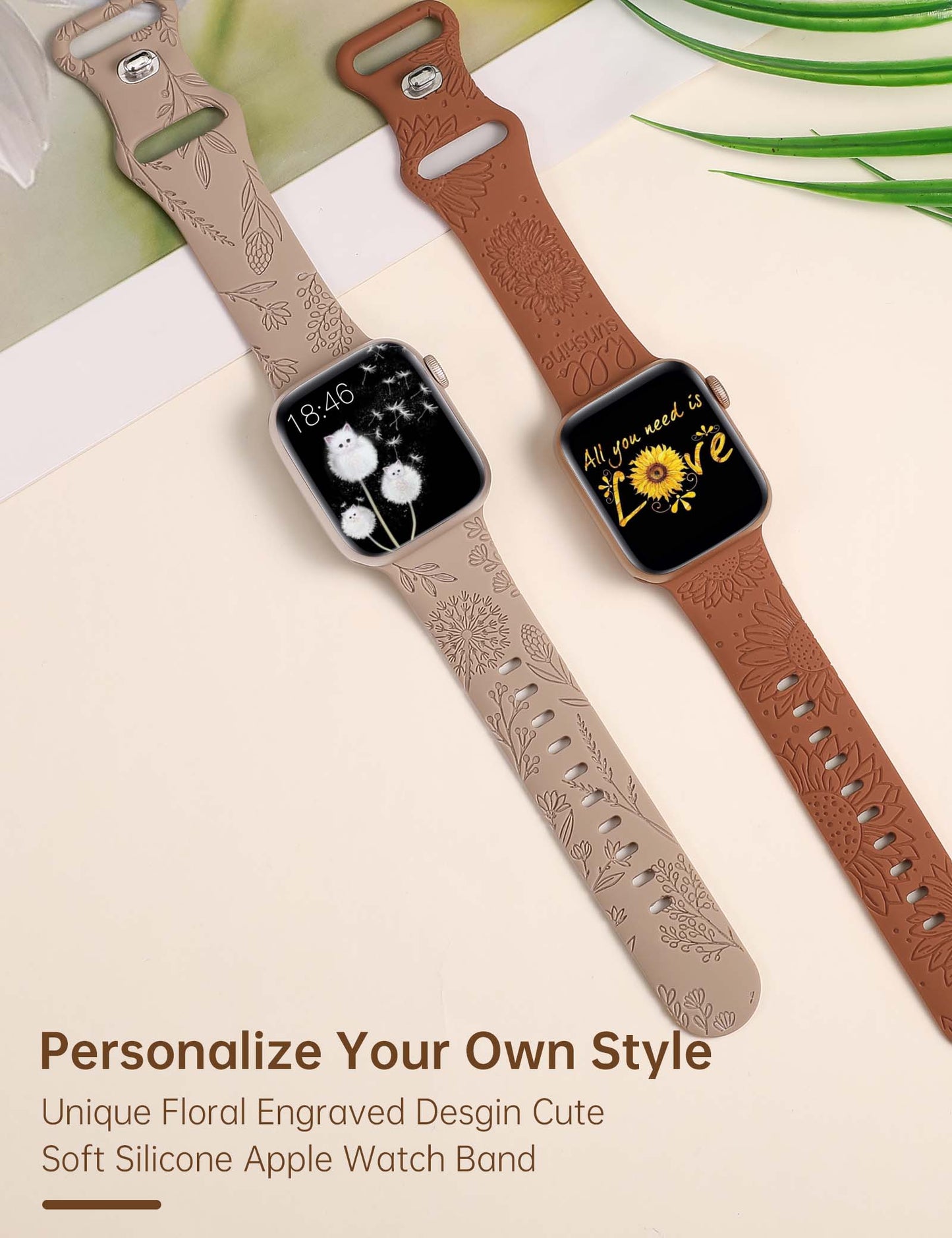 Minyee 2 Packs Floral Engraved Band Compatible with Apple Watch Bands 41mm 40mm 38mm 44mm 45mm 42mm 49mm Women, Cute Silicone Sunflower Fancy Summer Strap for iWatch Ultra 2, Series 9/8/7/6/5/4/3/2/1/SE