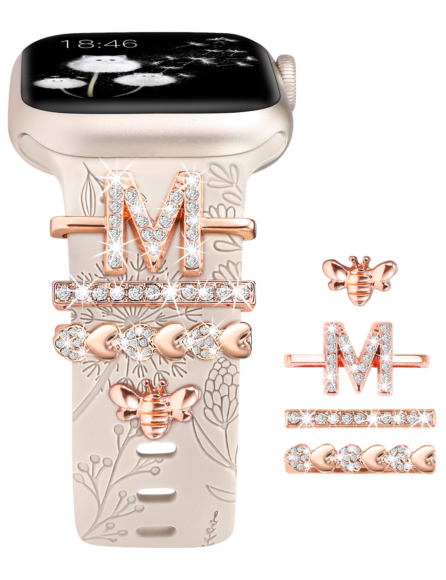 Minyee Compatible with Apple Watch Band with Charms Women 41mm 40mm 38mm 42mm 44mm 45mm 49mm Decorative Ring Loops Floral Engraved Silicone Strap for iWatch Ultra 2,Series 9/8/7/6/5/4/3/2/1/SE(with Band)