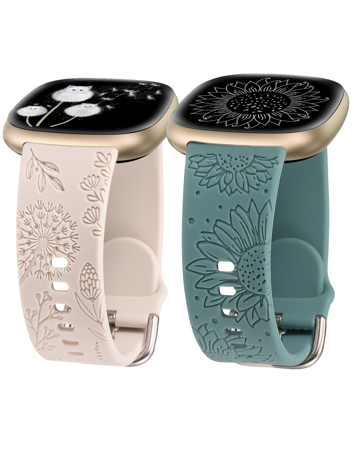 Minyee 2 Packs Floral Engraved Band Compatible with Fitbit Versa 4/Versa 3/Sense 2/Sense Band Women, Cute Silicone Dandelion Sunflower Design Soft Sport Fancy Summer Strap for Versa 4