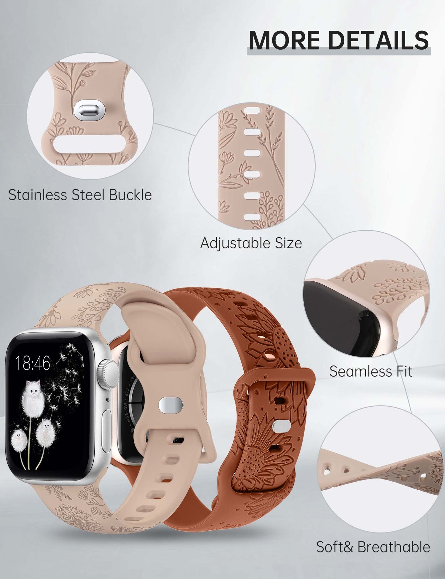 Minyee 2 Packs Floral Engraved Band Compatible with Apple Watch Bands 41mm 40mm 38mm 44mm 45mm 42mm 49mm Women, Cute Silicone Sunflower Fancy Summer Strap for iWatch Ultra 2, Series 9/8/7/6/5/4/3/2/1/SE