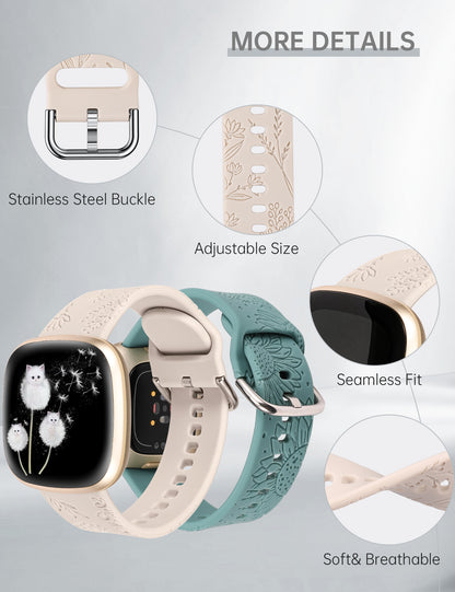 Minyee 2 Packs Floral Engraved Band Compatible with Fitbit Versa 4/Versa 3/Sense 2/Sense Band Women, Cute Silicone Dandelion Sunflower Design Soft Sport Fancy Summer Strap for Versa 4