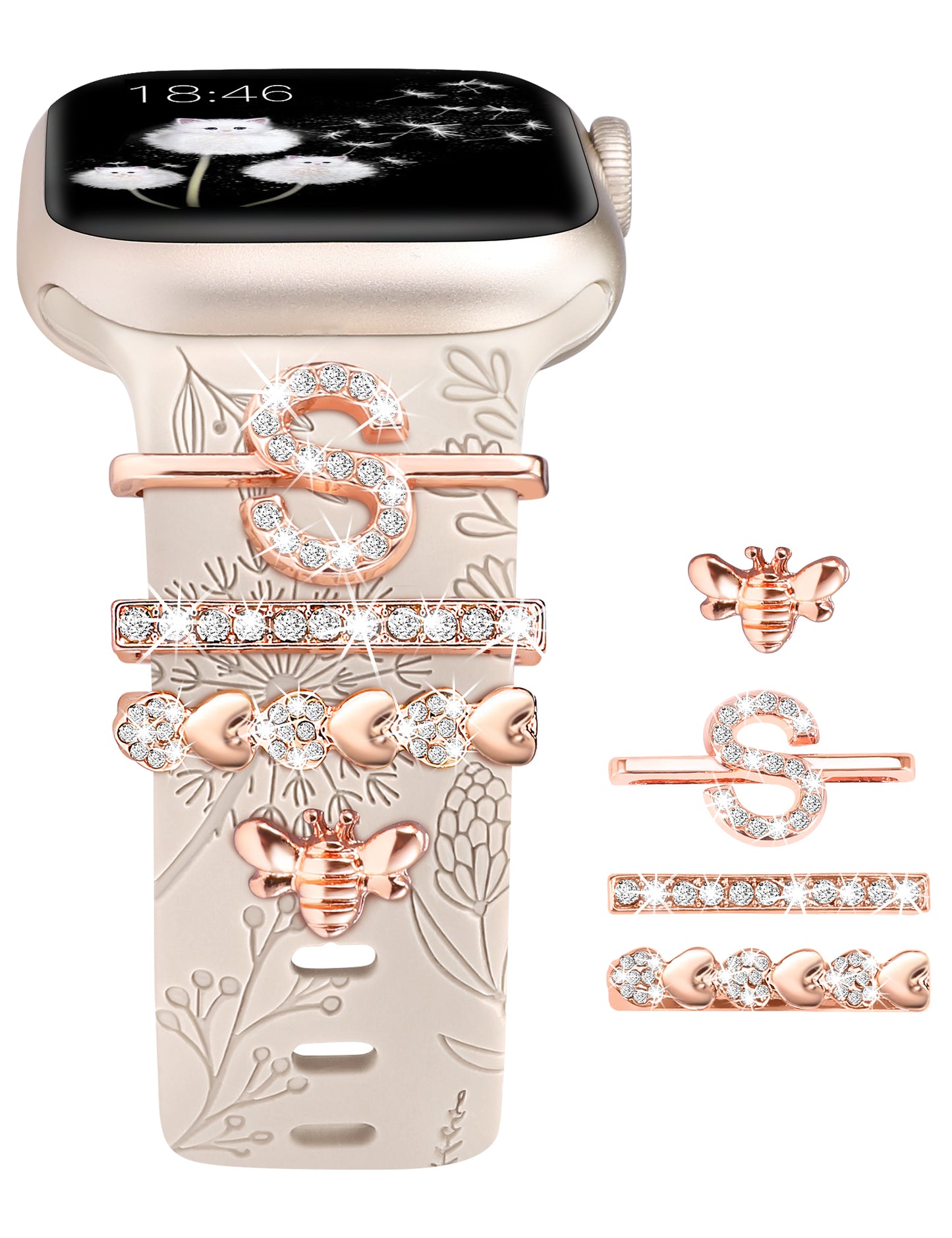 Minyee Compatible with Apple Watch Band with Charms Women 41mm 40mm 38mm 42mm 44mm 45mm 49mm Decorative Ring Loops Floral Engraved Silicone Strap for iWatch Ultra 2,Series 9/8/7/6/5/4/3/2/1/SE(with Band)