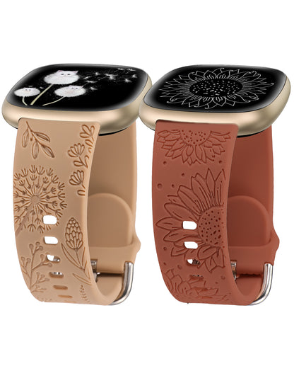 Minyee 2 Packs Floral Engraved Band Compatible with Fitbit Versa 4/Versa 3/Sense 2/Sense Band Women, Cute Silicone Dandelion Sunflower Design Soft Sport Fancy Summer Strap for Versa 4