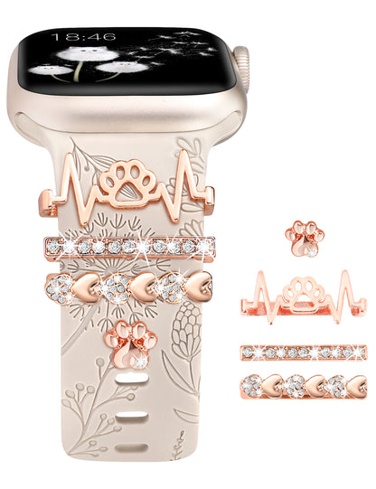 Minyee Compatible with Apple Watch Band with Charms Women 41mm 40mm 38mm 42mm 44mm 45mm 49mm Decorative Ring Loops Floral Engraved Silicone Strap for iWatch Ultra 2,Series 9/8/7/6/5/4/3/2/1/SE(with Band)