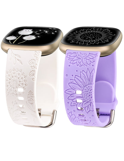 Minyee 2 Packs Floral Engraved Band Compatible with Fitbit Versa 4/Versa 3/Sense 2/Sense Band Women, Cute Silicone Dandelion Sunflower Design Soft Sport Fancy Summer Strap for Versa 4