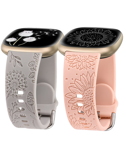 Minyee 2 Packs Floral Engraved Band Compatible with Fitbit Versa 4/Versa 3/Sense 2/Sense Band Women, Cute Silicone Dandelion Sunflower Design Soft Sport Fancy Summer Strap for Versa 4