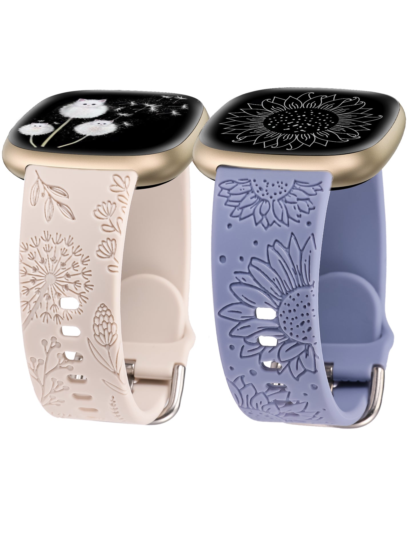 Minyee 2 Packs Floral Engraved Band Compatible with Fitbit Versa 4/Versa 3/Sense 2/Sense Band Women, Cute Silicone Dandelion Sunflower Design Soft Sport Fancy Summer Strap for Versa 4