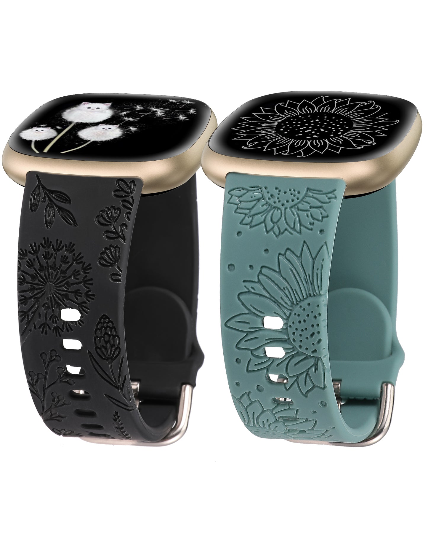 Minyee 2 Packs Floral Engraved Band Compatible with Fitbit Versa 4/Versa 3/Sense 2/Sense Band Women, Cute Silicone Dandelion Sunflower Design Soft Sport Fancy Summer Strap for Versa 4